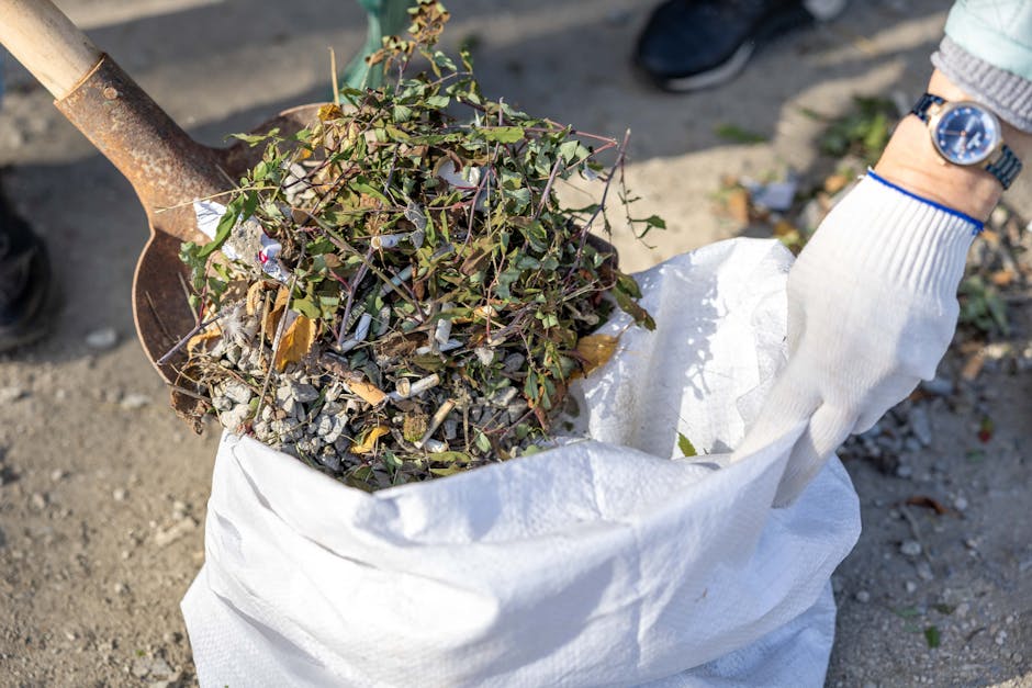 A person wearing a white glove is holding open a white, woven polypropylene sack filled with garden debris, including small branches, leaves, and soil-covered gravel. The person's wrist features a silver watch and a light grey knitted sleeve. In the background, a rusted shovel with a wooden handle is visible, partially inserted into the bag, indicating ongoing garden waste collection or site clearance. The scene is set outdoors on a dirt or gravel surface with some scattered small leaves and twigs nearby. Natural daylight illuminates the scene, highlighting the textures of the garden waste, the roughness of the shovel's rusted metal, and the fabric of the bag. This image visually relates to private or independent waste removal services such as those offered by Waste Removal Tooting, showcasing an example of on-site garden waste collection typically handled through professional rubbish removal services, rather than council bin collections.